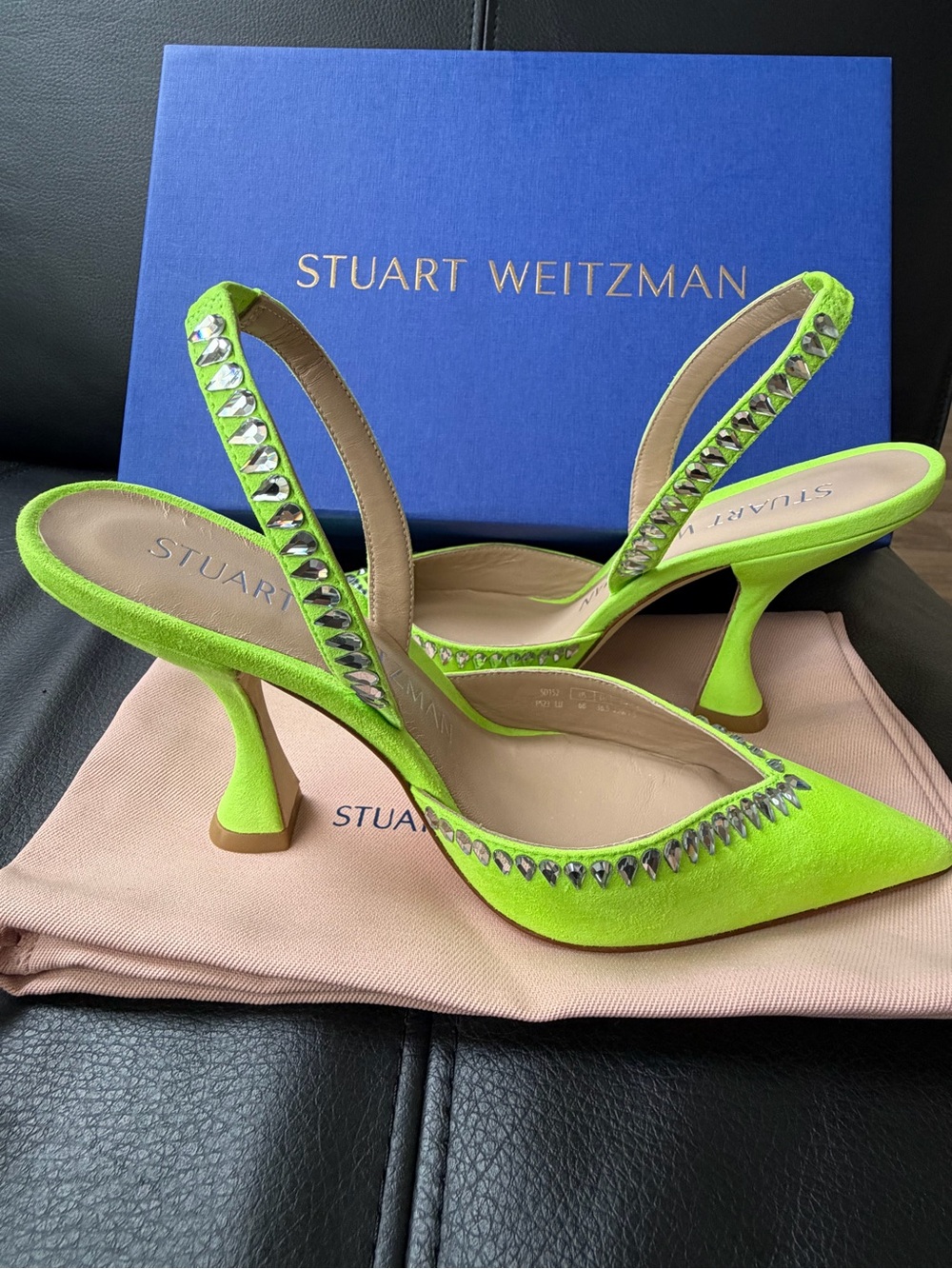STUART WEITZMAN Crystal Embellished neon chartreuse Suede Slingback size 6 NIB
